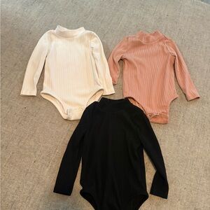 Zara Ribbed Long Sleeve Bodysuit Trio - Cream, Pink, Black